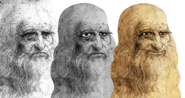 Da Vinci self-portrait evolution: original sketch, grayscale adaptation, and final game version with Mona Lisa smile